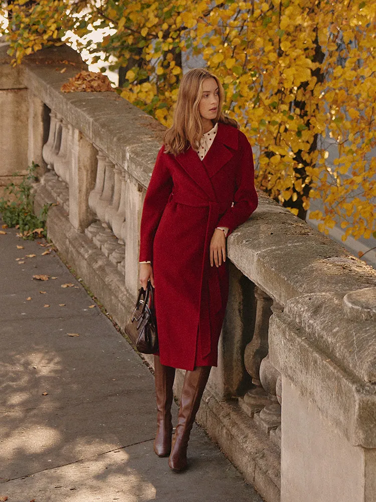 Chili Red Double-Faced Wool And Silk-Blend Lapel Women Coat