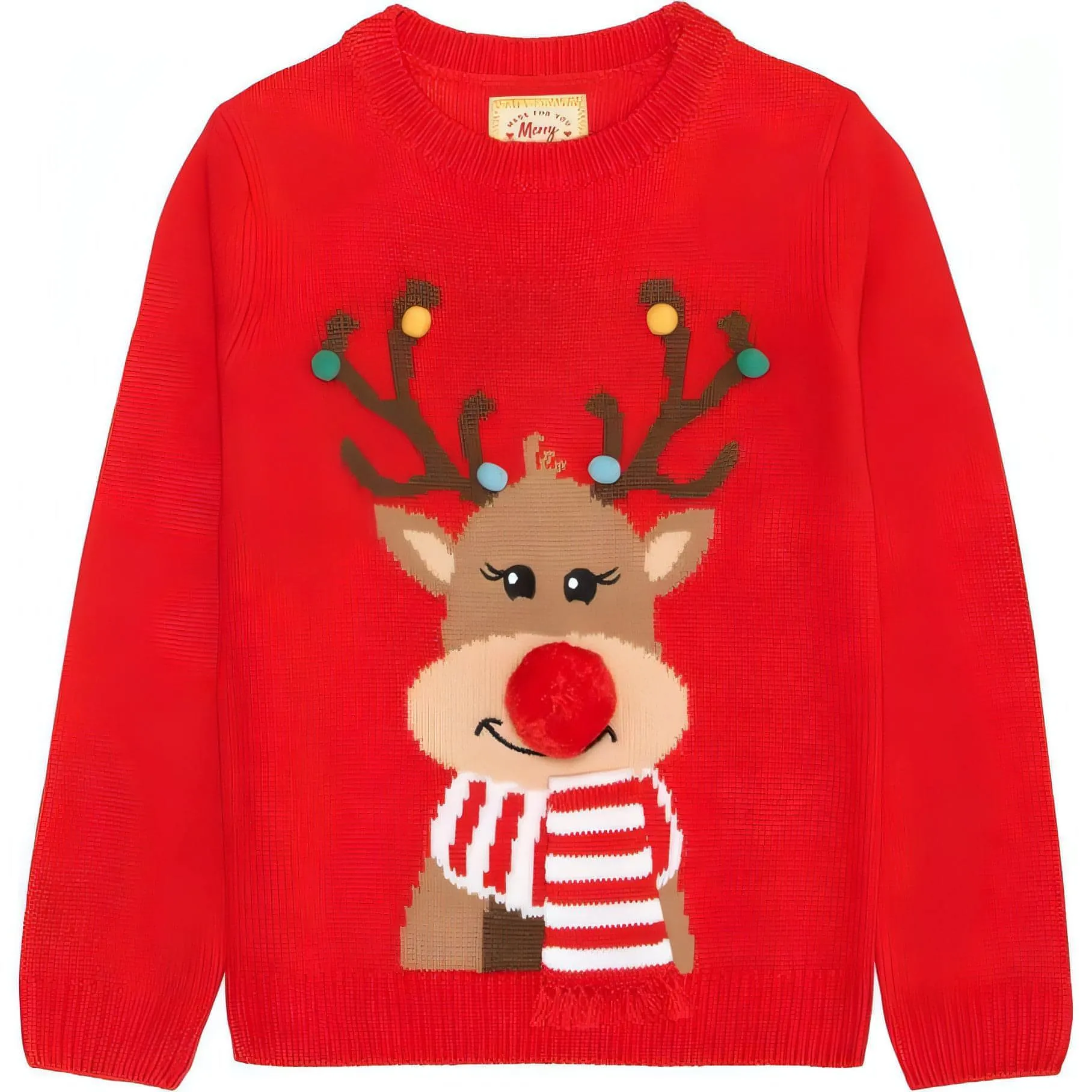 Christmas Reindeer Pom Pom Junior Christmas Jumper - Red