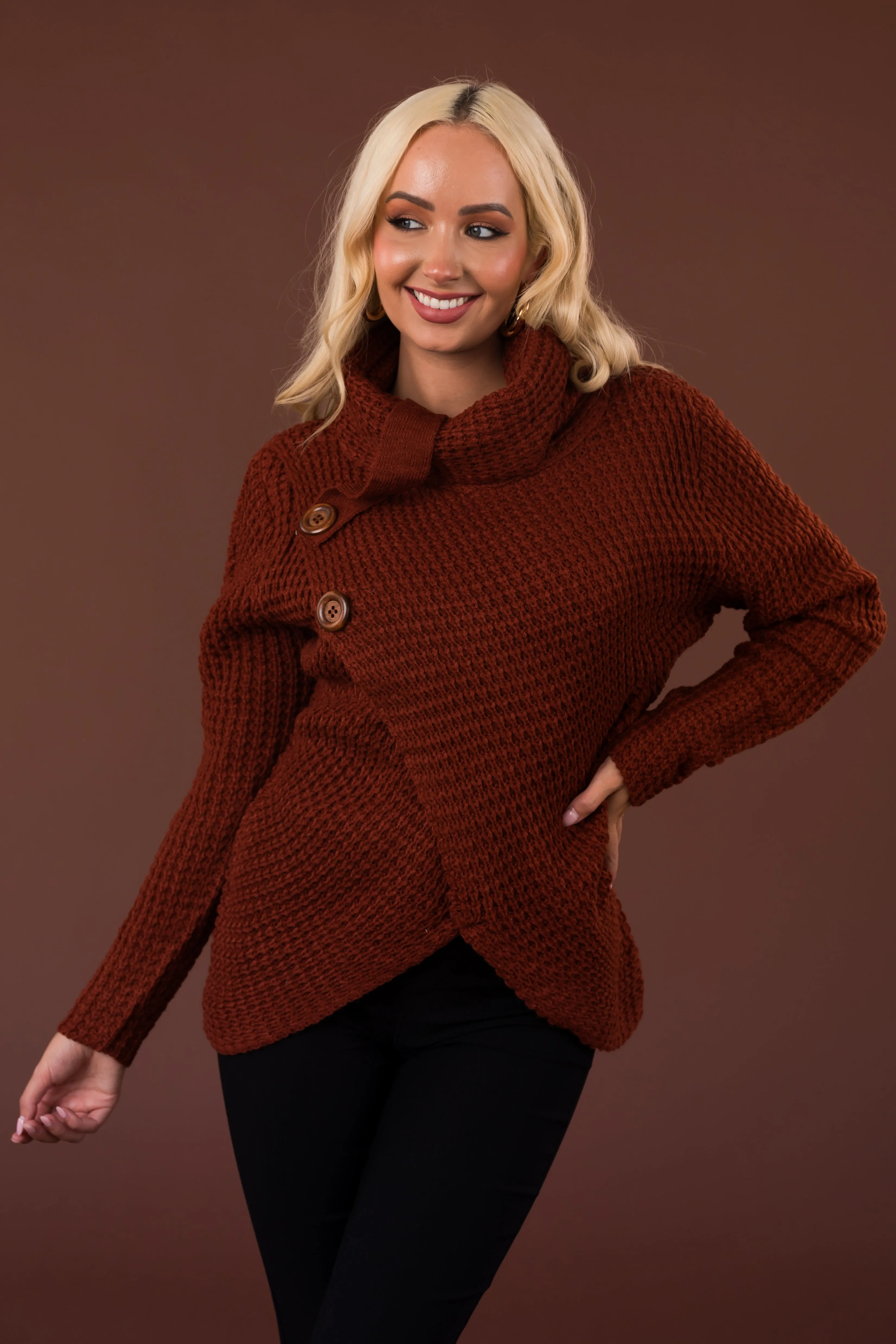 Cinnamon Cowl Neck Tulip Hem Wrap Knit Sweater