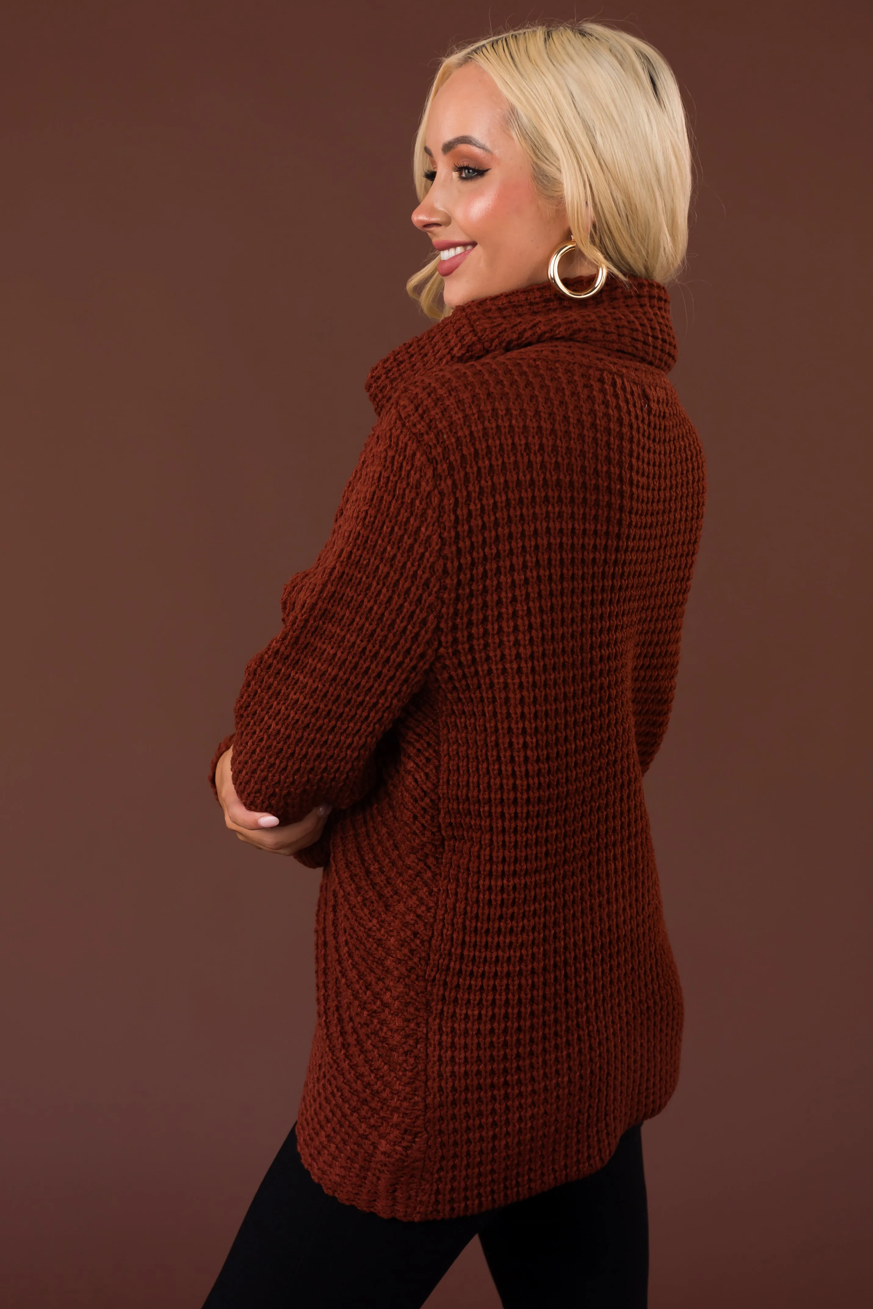 Cinnamon Cowl Neck Tulip Hem Wrap Knit Sweater