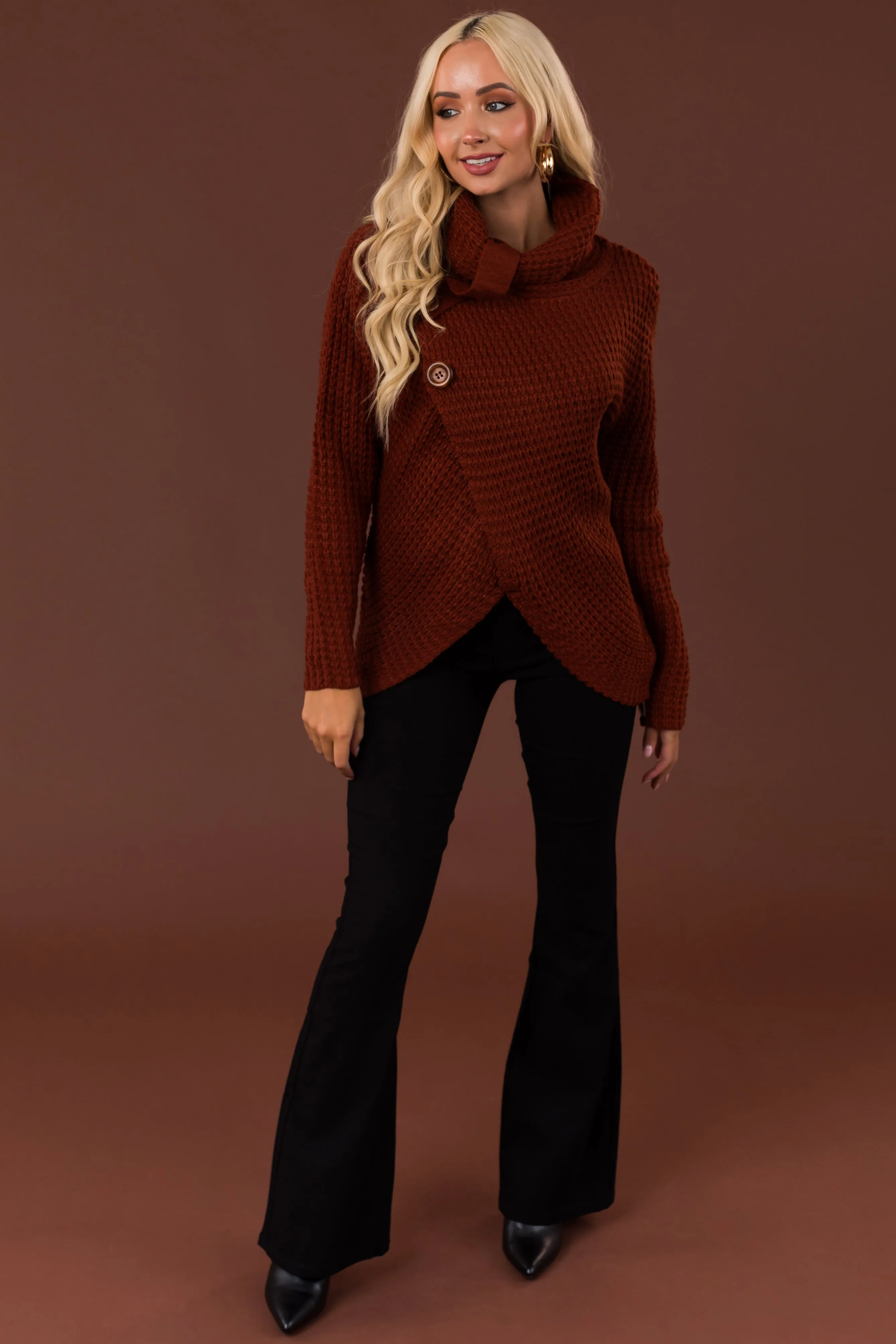 Cinnamon Cowl Neck Tulip Hem Wrap Knit Sweater