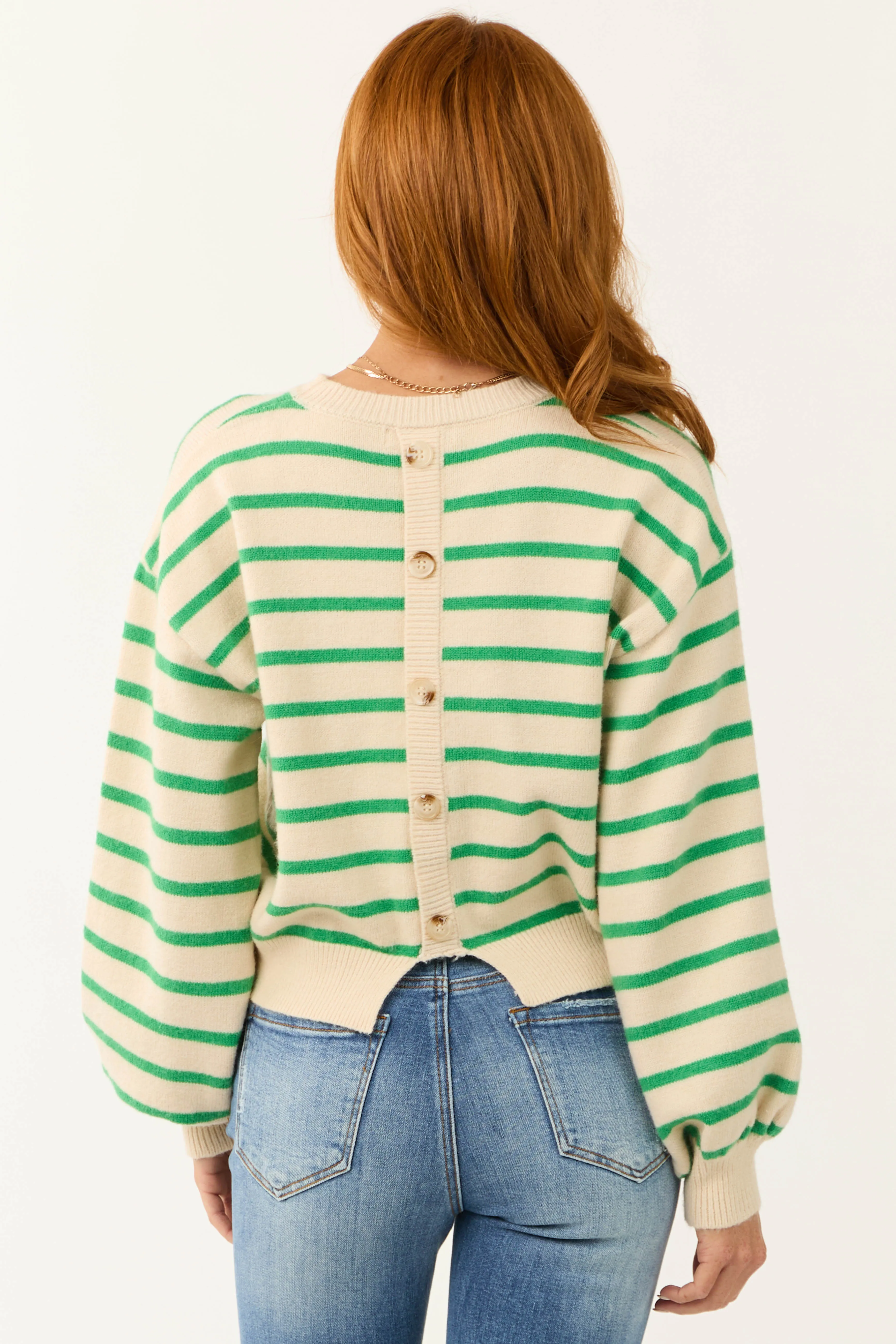 Coconut and Kelly Green Buttoned Striped Sweater