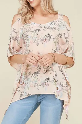 Cold shoulder floral print poncho style top