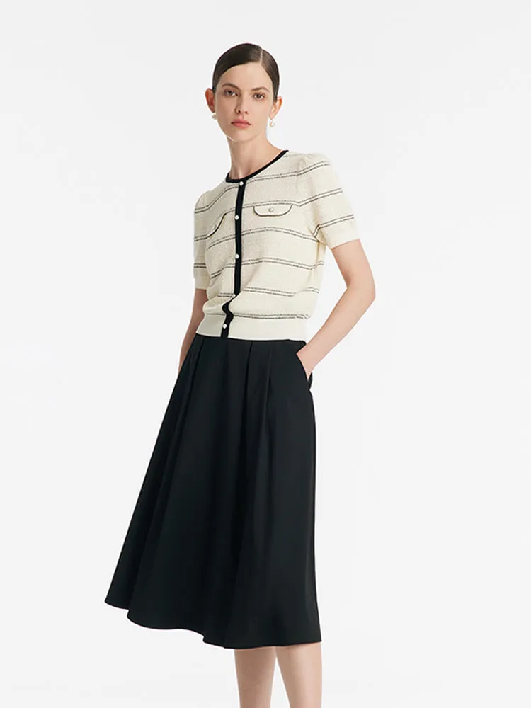 Contrast Trim Striped Knit Top And Half Skirt Two-Piece Set