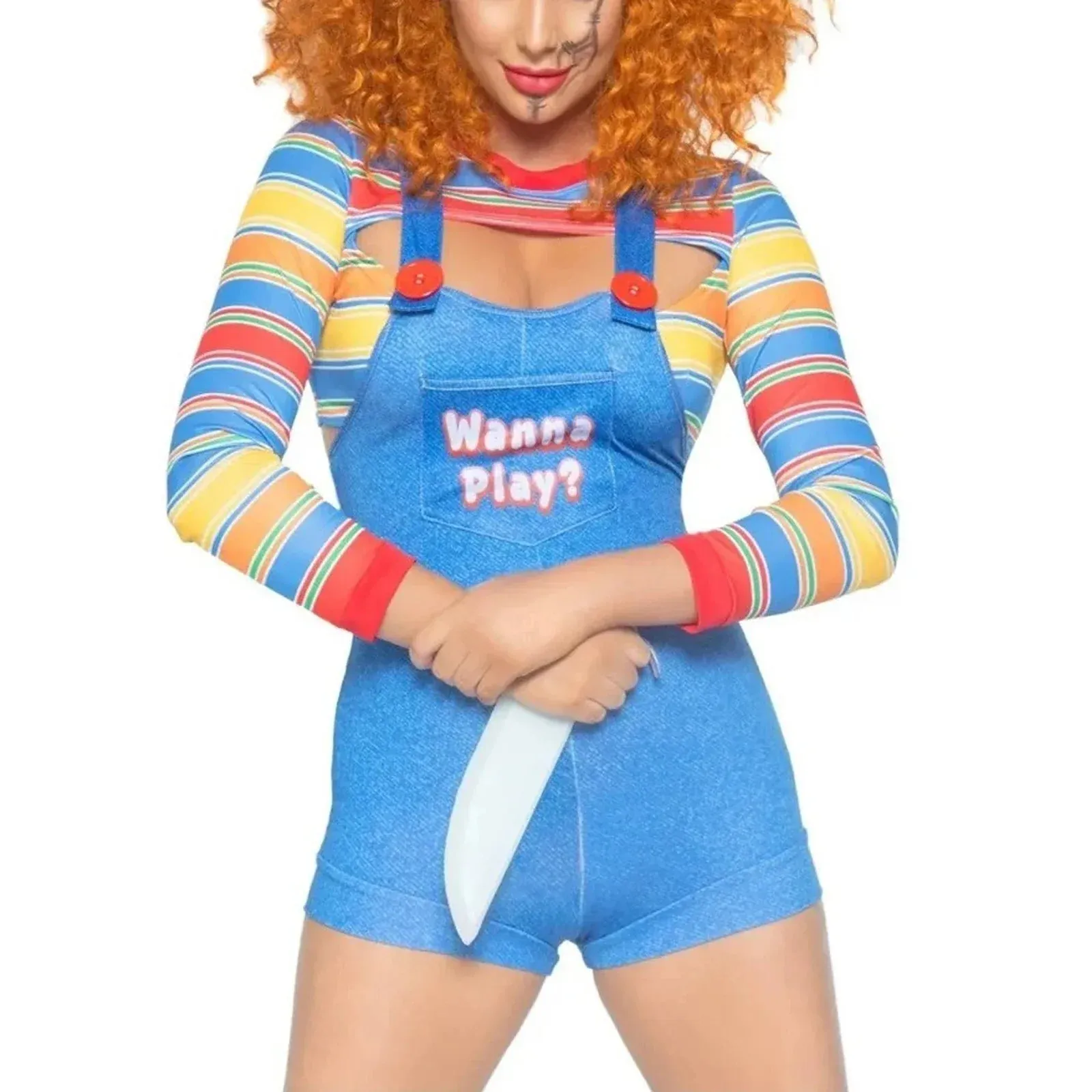 Costumes Colorful Striped Long Sleeve Slim Bib Shorts Letter Set Halloween Romper