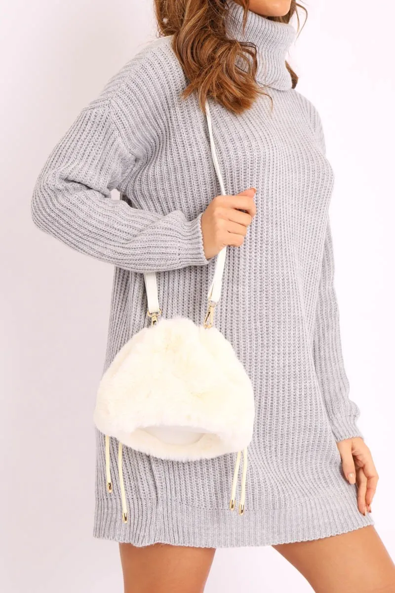 Cream Faux Fur Bucket Bag - Harlow