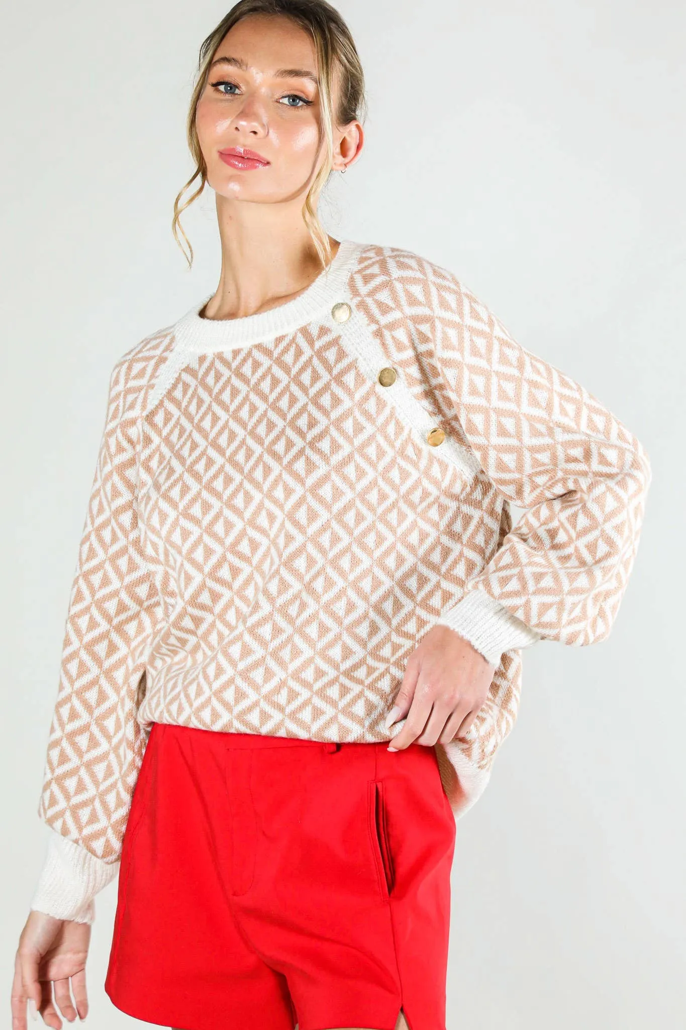 Crew Neck Button Detail Geo Patterned Knitted Sweater