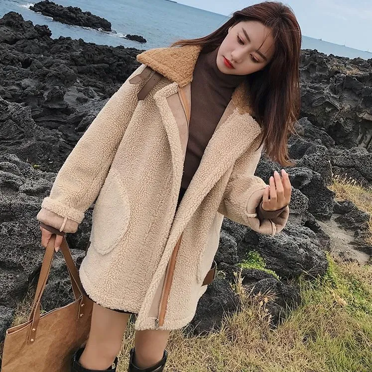 Curly Faux Fur Warm Loose Beige Coat Jacket