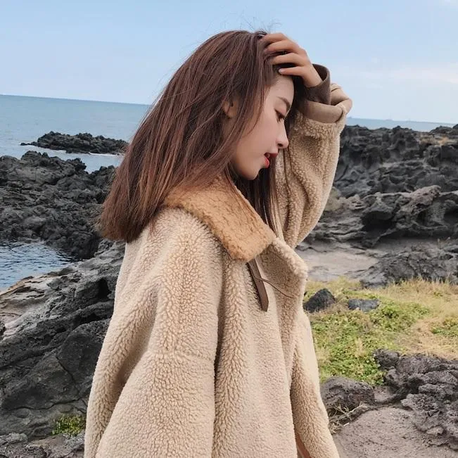 Curly Faux Fur Warm Loose Beige Coat Jacket