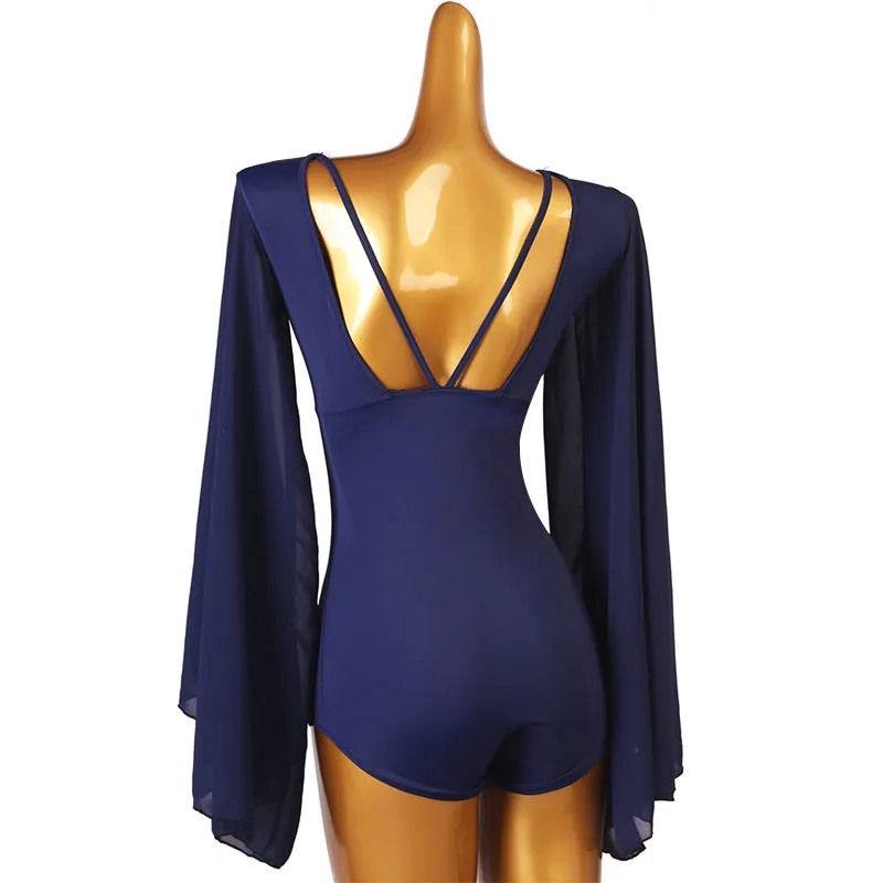 Dance Bodysuit Long Sleeve V-Neck with Mesh