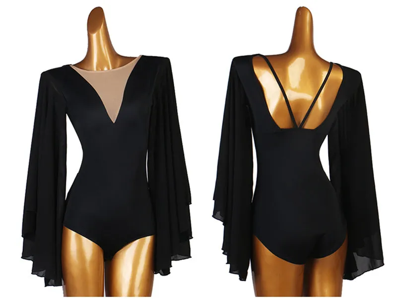 Dance Bodysuit Long Sleeve V-Neck with Mesh