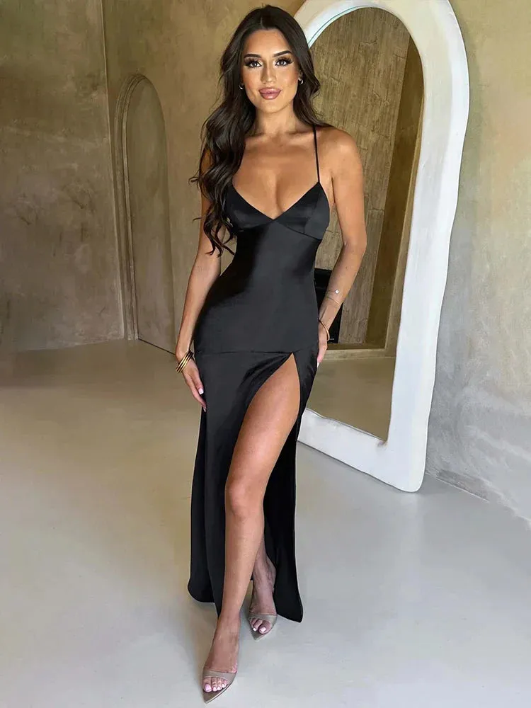 Elegant Long Bodycon Spaghetti Strap Split Nightclub Sexy Spring Summer Maxi Dress