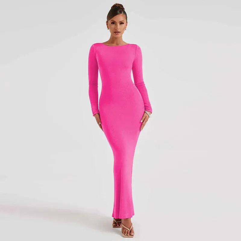 Elegant Long Slim Bodycon Backless Nightclub Sexy Autumn Winter Maxi Dress