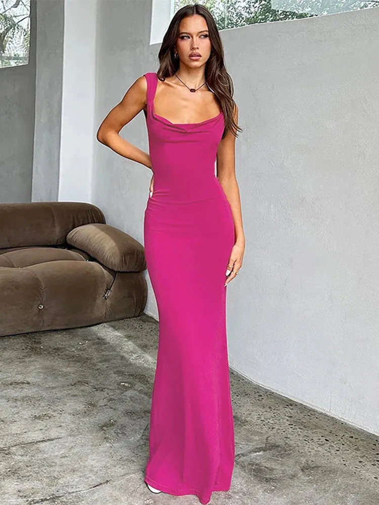 Elegant Long Slim Bodycon Spaghetti Strap Bow Backless Spring Summer Maxi Dress