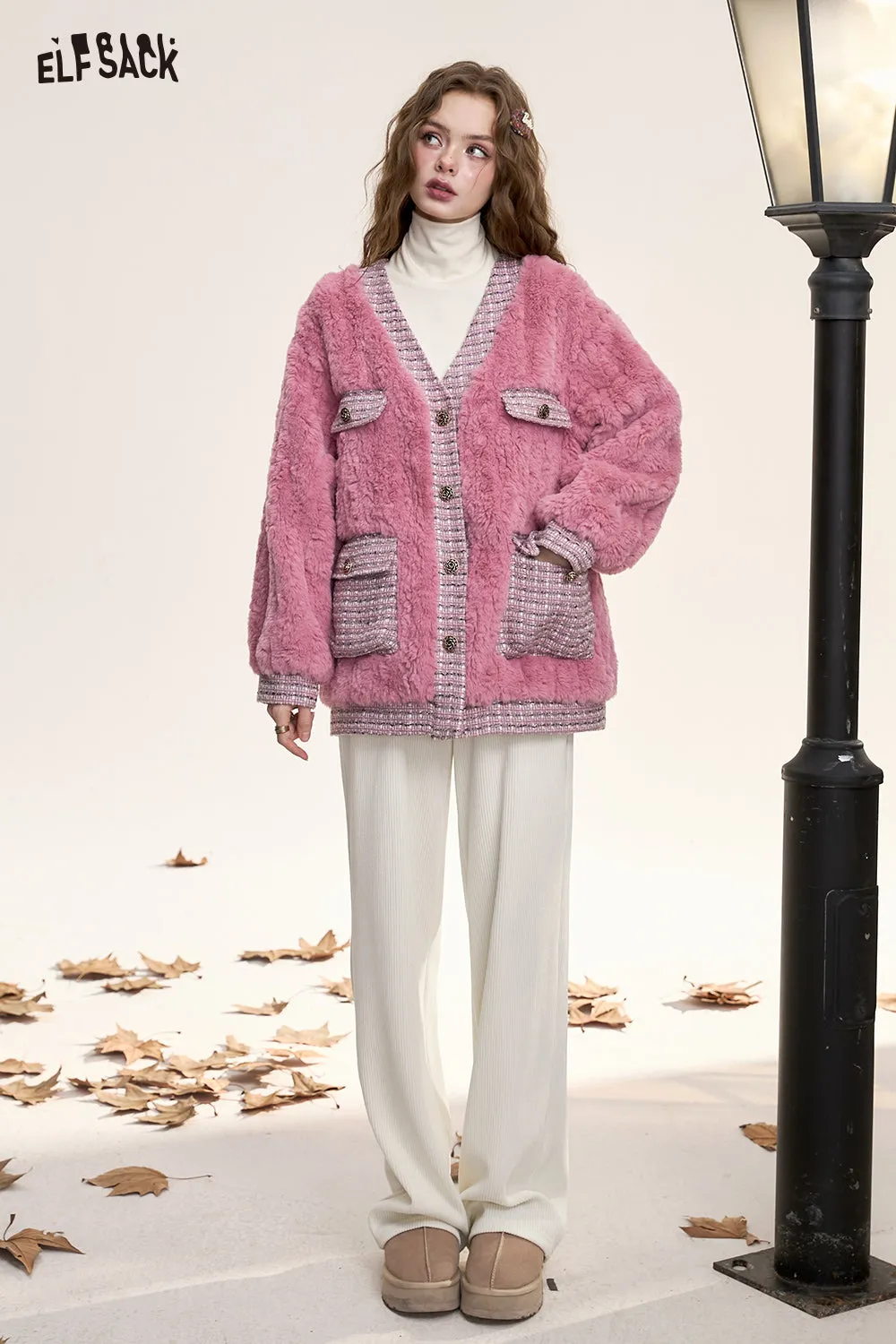 ELFSACK 2024 Winter New Arrivals Houndstooth stitching pink fluffy coat for women