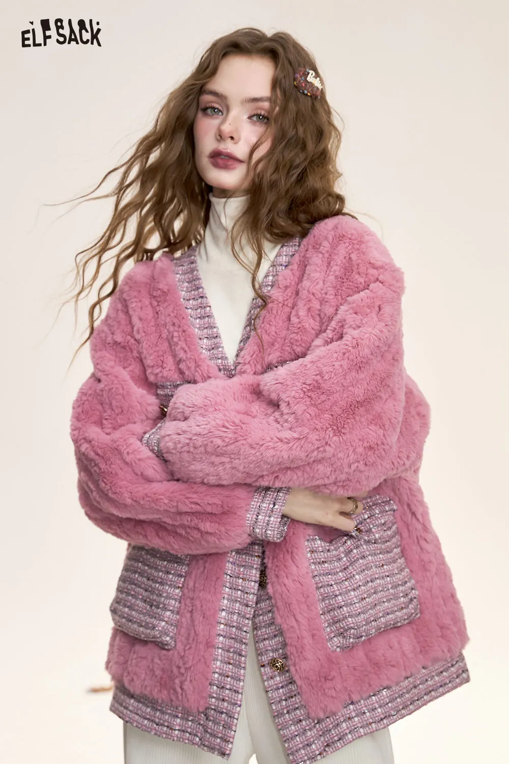 ELFSACK 2024 Winter New Arrivals Houndstooth stitching pink fluffy coat for women