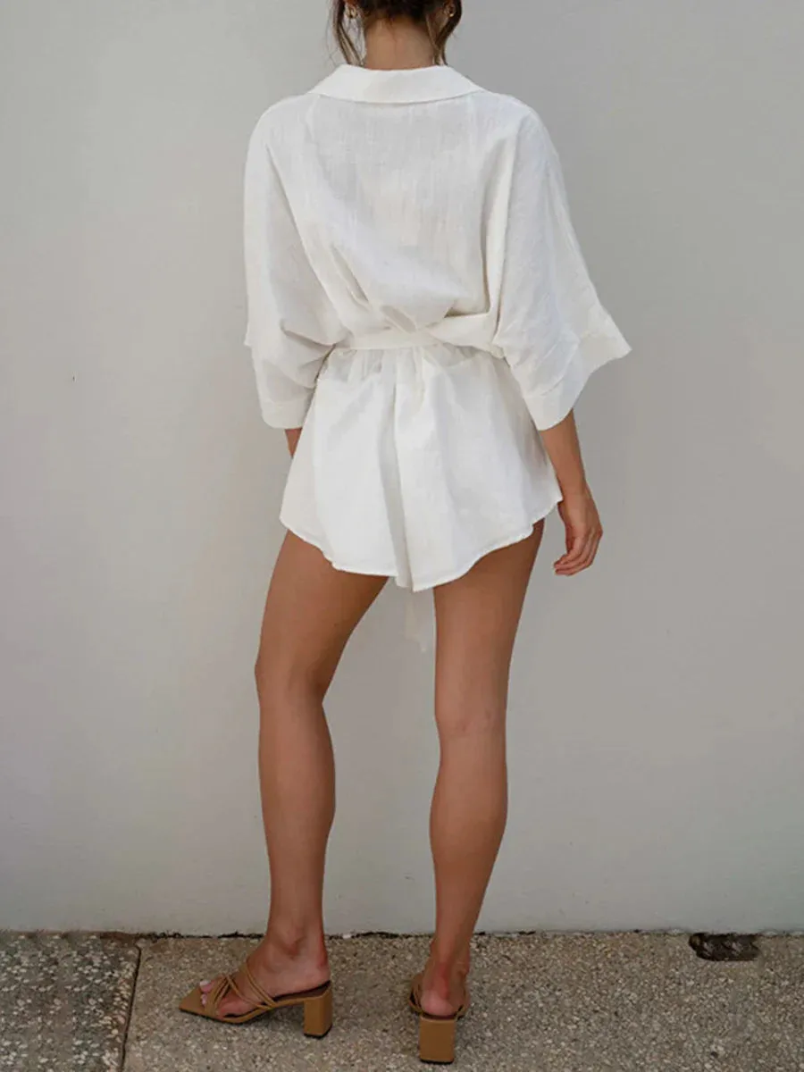 Fashion 3/4 Sleeve V Neck Button Down Belted Shorts Summer Romper