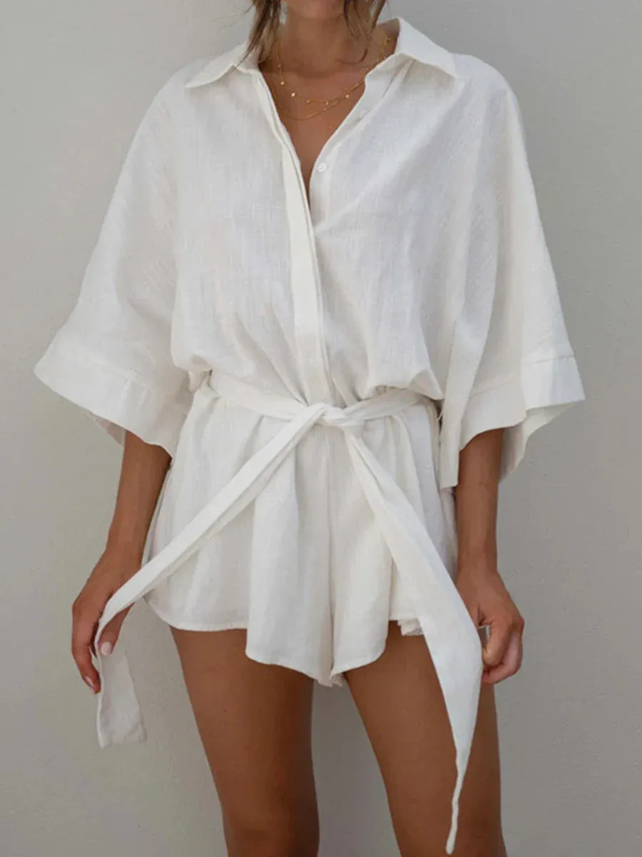 Fashion 3/4 Sleeve V Neck Button Down Belted Shorts Summer Romper