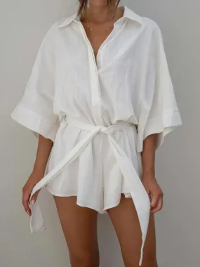 Fashion 3/4 Sleeve V Neck Button Down Belted Shorts Summer Romper