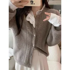 Fashionkova  Elegant Temperament Round Collar Hollow Out Short Cashmere Cardigan Women Spring And Autumn New Loose Thin Wool Coat