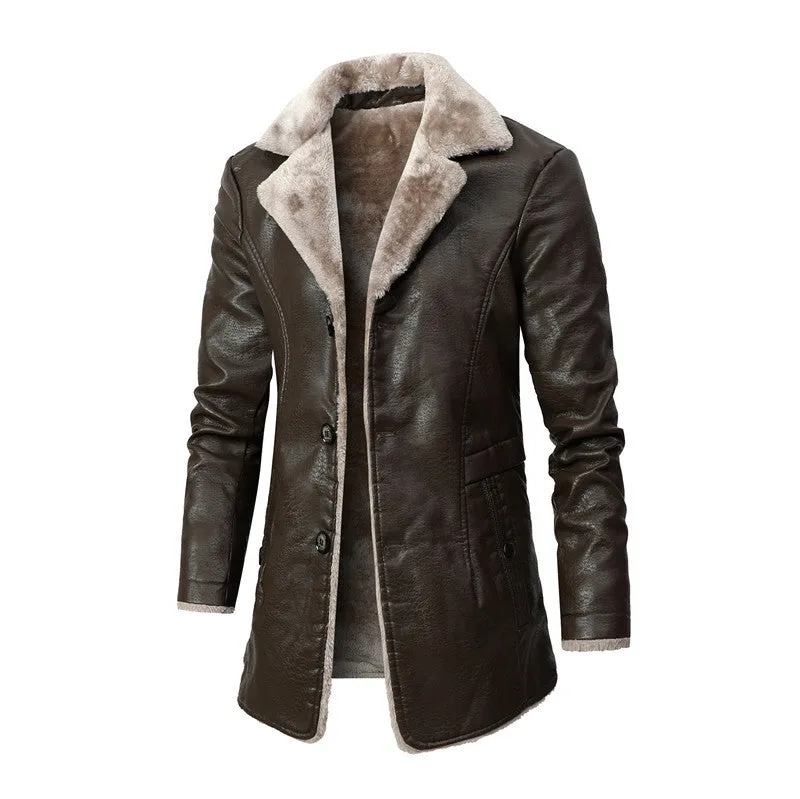 Faux Fur Shearling Pea Coat Distressed Trench Leather Jacket Coat Slim Fit Winter Warm Fleece Large Jackets  for men