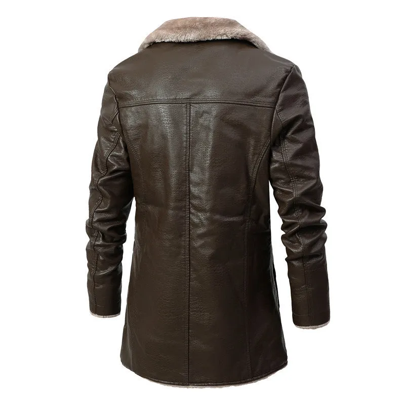 Faux Fur Shearling Pea Coat Distressed Trench Leather Jacket Coat Slim Fit Winter Warm Fleece Large Jackets  for men