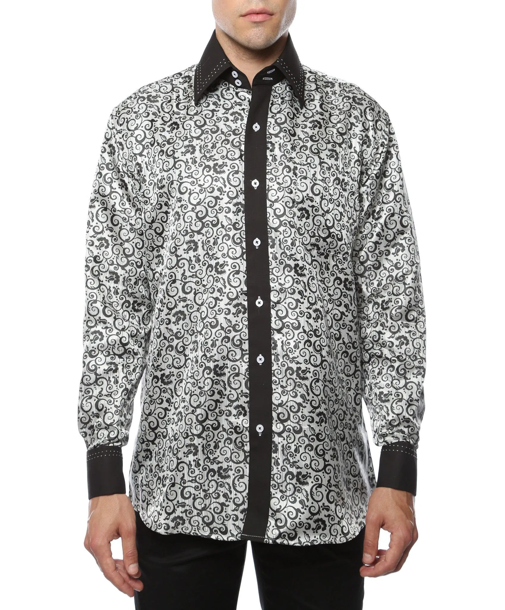 Ferrecci Men's Satine Hi-1021 Black & White Pattern Button Down Dress Shirt