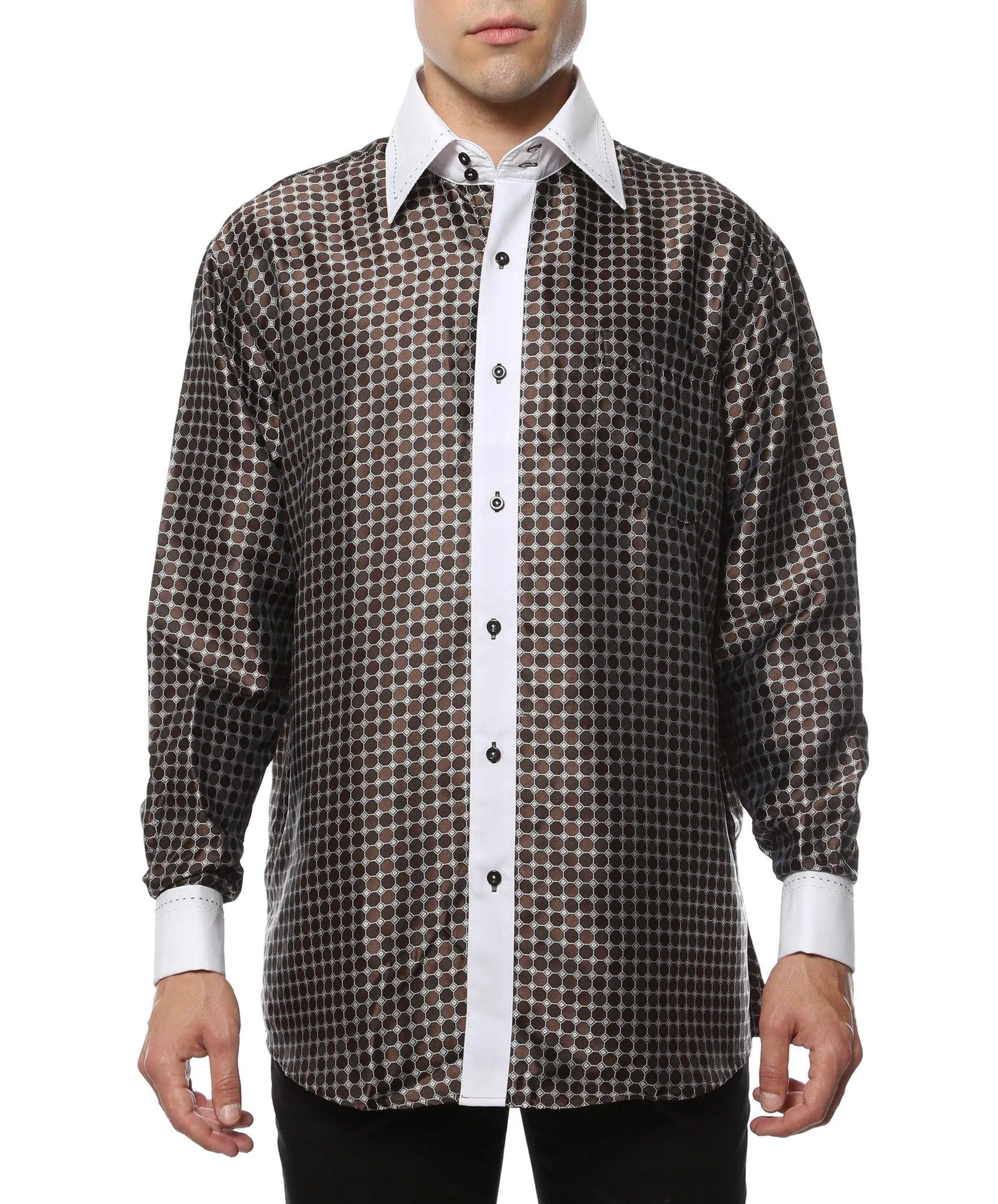 Ferrecci Men's Satine Hi-1022 Brown Circle Pattern Button Down Dress Shirt