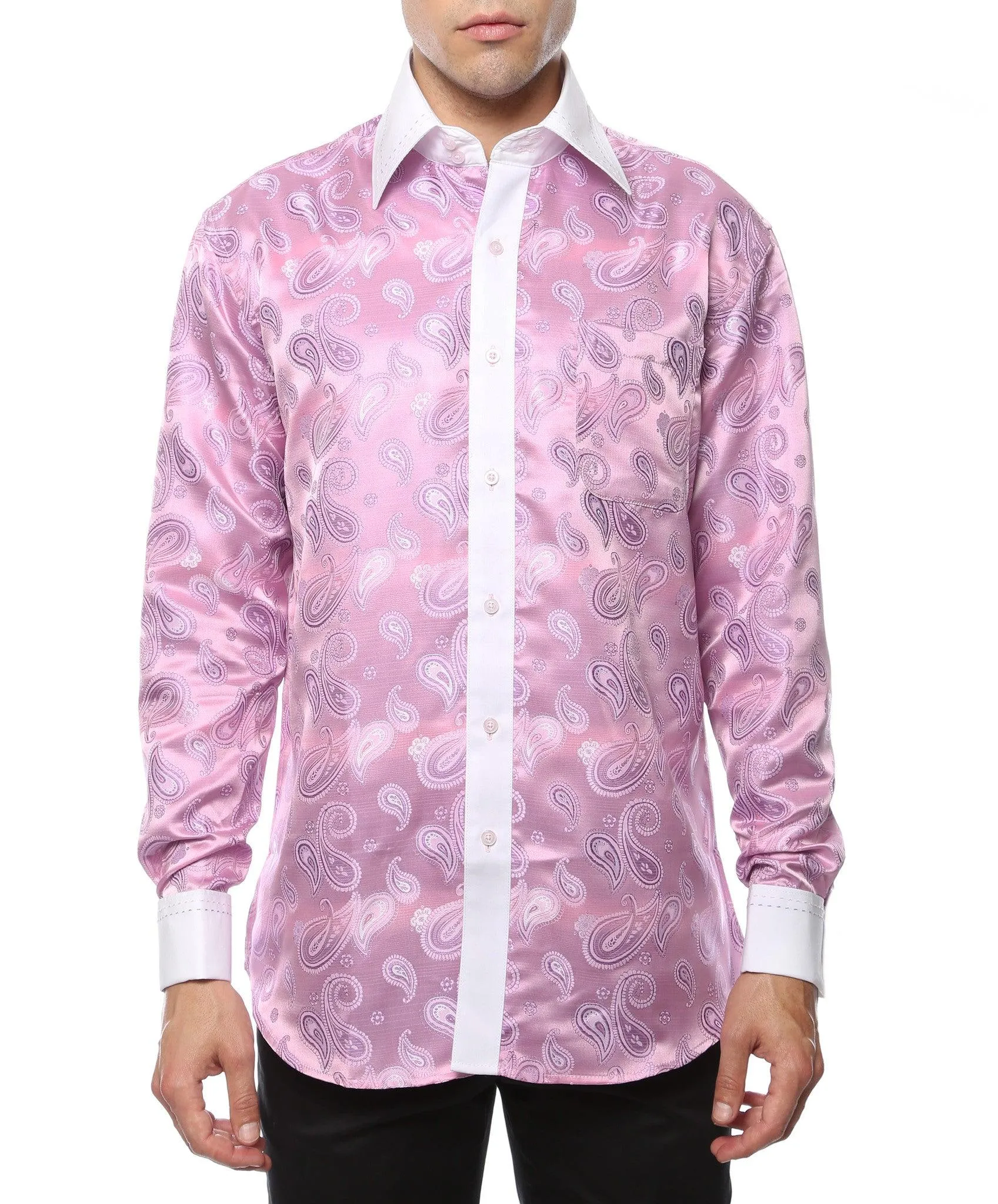 Ferrecci Men's Satine Hi-1030 Pink Paisley Pattern Button Down Dress Shirt