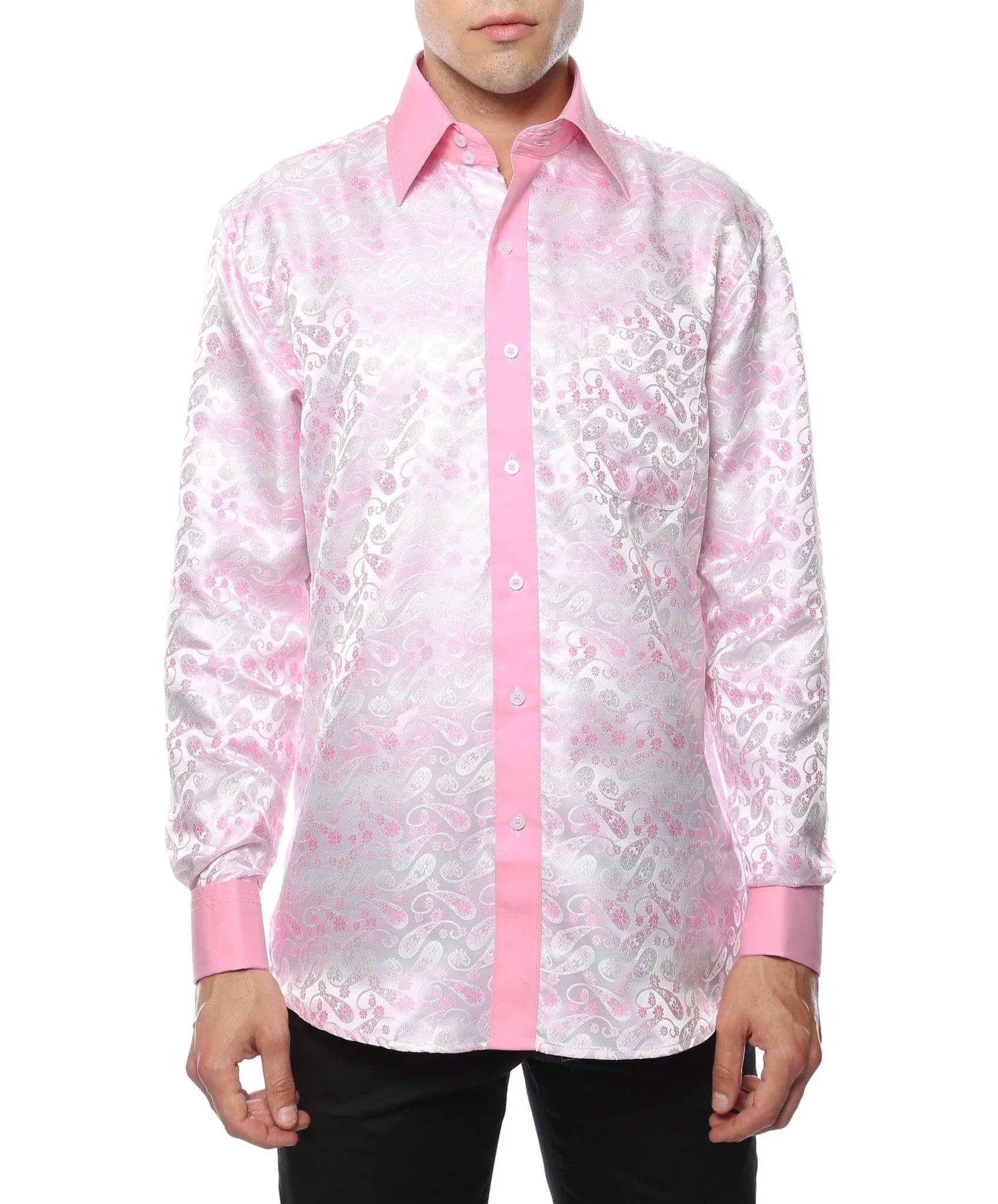 Ferrecci Men's Satine Hi-1031 Pink Flower Pattern Button Down Dress Shirt