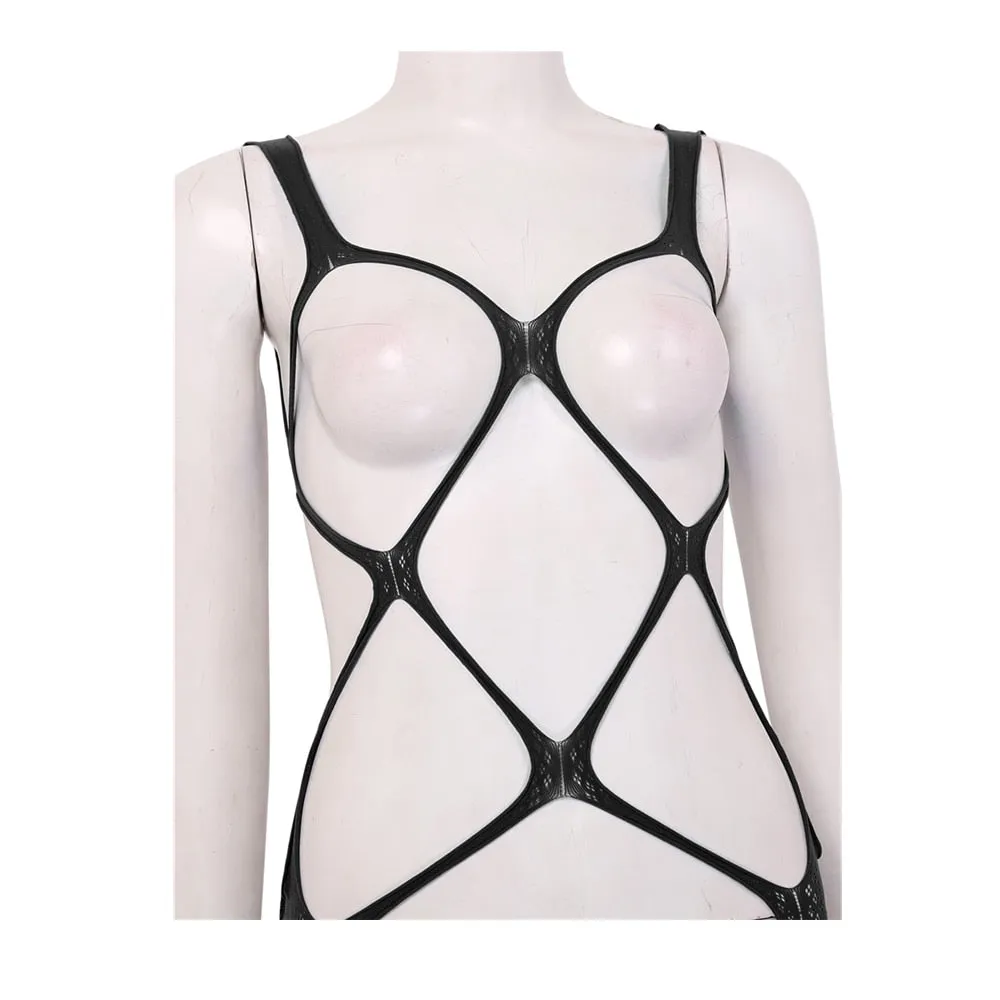 Fishnet Bodysuit Bandage Clubwear See Through Sheer Long Sleeve Open Crotch High Cut Leotard Lingerie Bodysuit