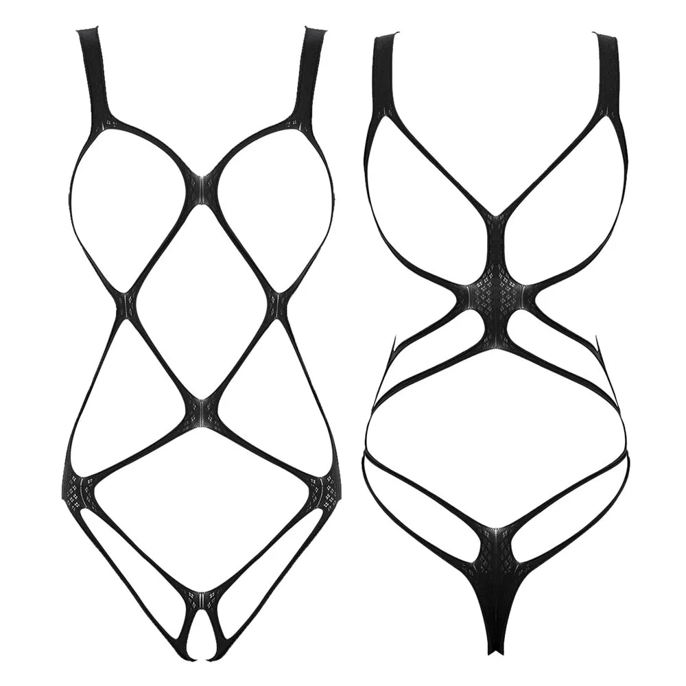 Fishnet Bodysuit Bandage Clubwear See Through Sheer Long Sleeve Open Crotch High Cut Leotard Lingerie Bodysuit