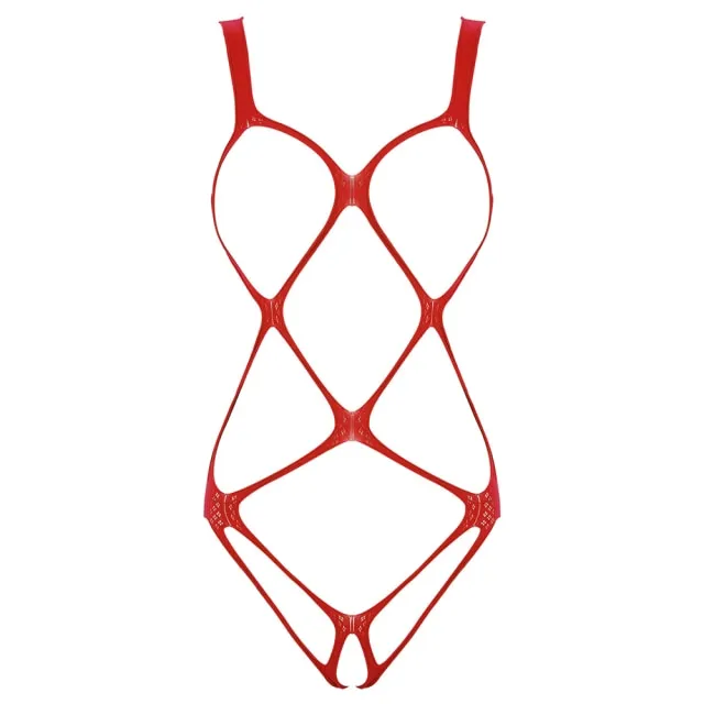 Fishnet Bodysuit Bandage Clubwear See Through Sheer Long Sleeve Open Crotch High Cut Leotard Lingerie Bodysuit