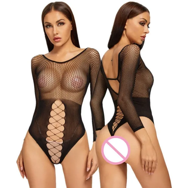 Fishnet Bodysuit Bandage Clubwear See Through Sheer Long Sleeve Open Crotch High Cut Leotard Lingerie Bodysuit