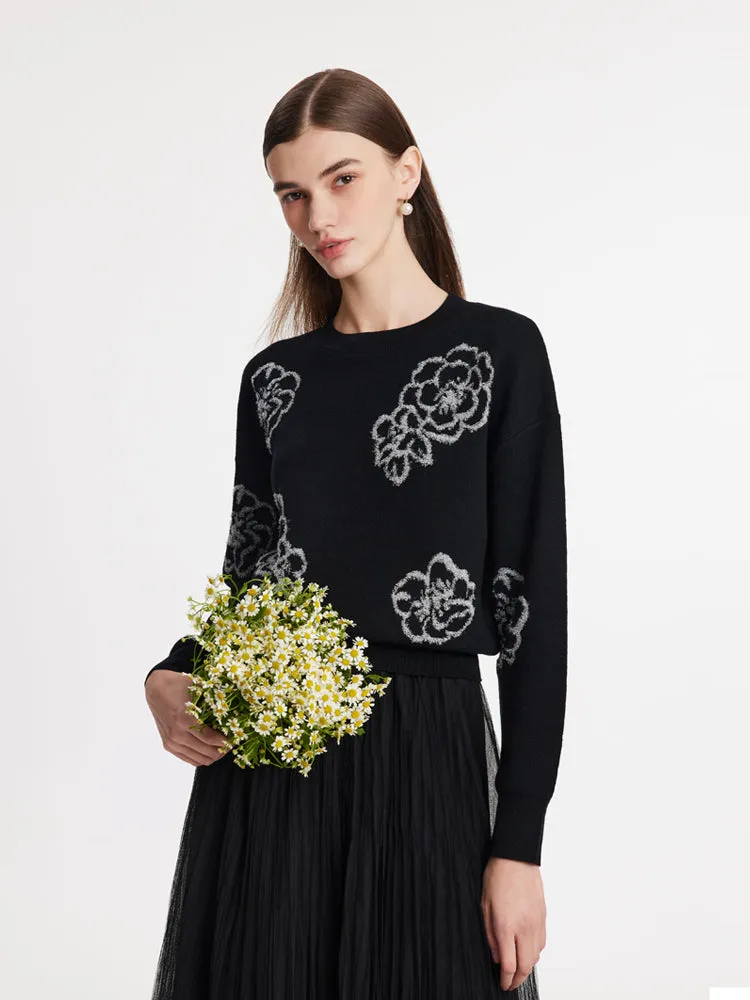 Floral Jacquard Round Neck Women Sweater