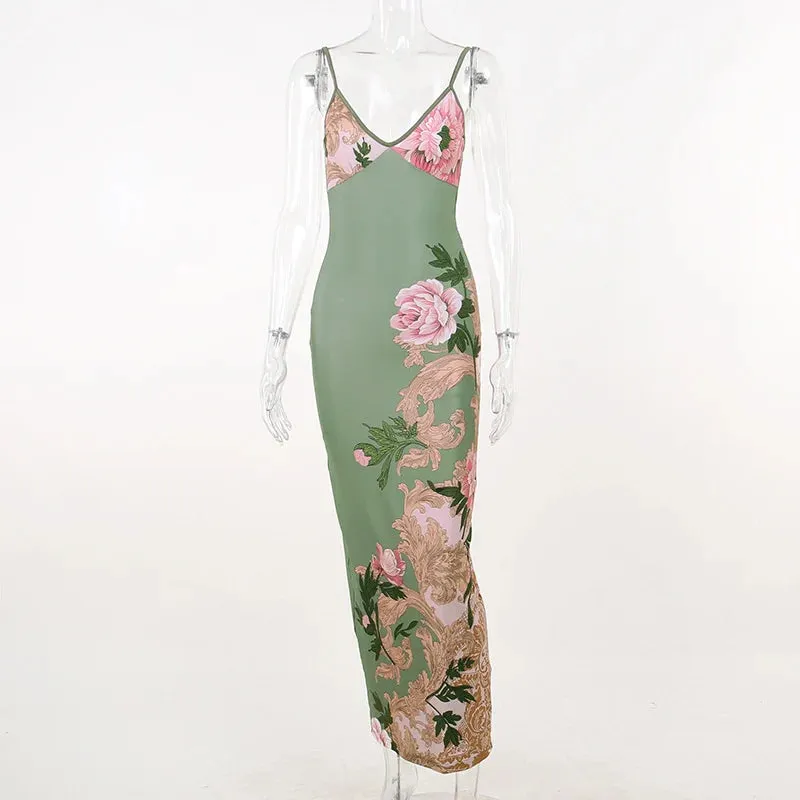 Floral Print Suspender V-neck Maxi Dress for Beach Party Club