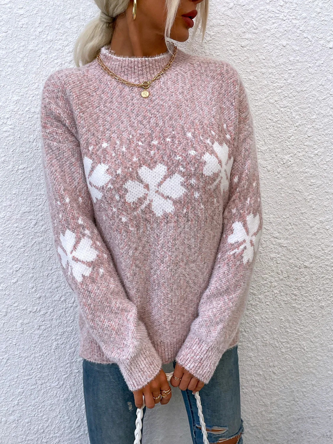 Four Leaf Clover Mock Neck Sweater