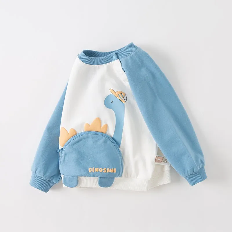 Front Zip Dinosaur Purse Boy Long Sleeve Blue Sweater