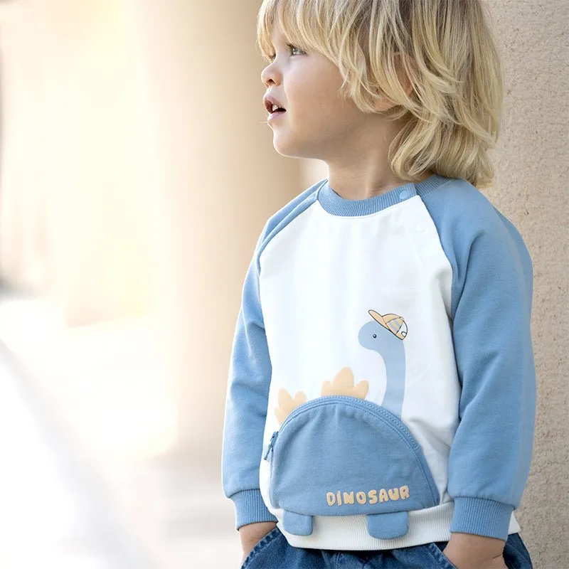 Front Zip Dinosaur Purse Boy Long Sleeve Blue Sweater