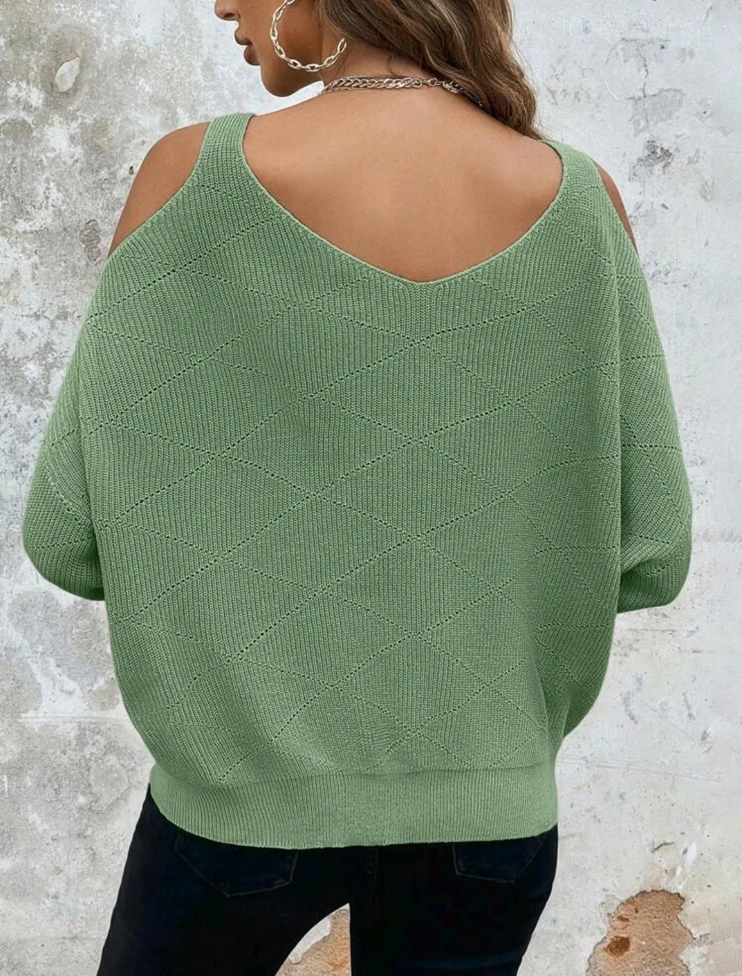 Green Cold Shoulder Cut Out Twist Knit Sweater