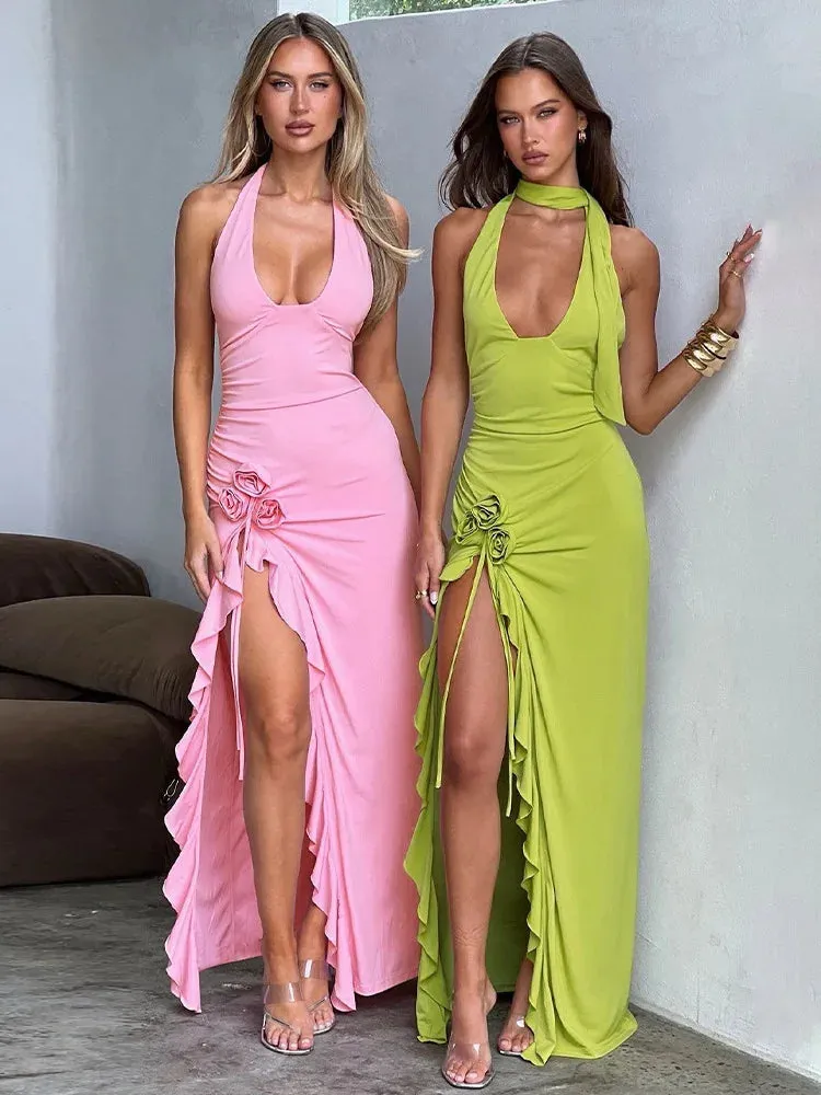 Green Floral Summer Backless Bodycon Halter Neck Maxi Dress