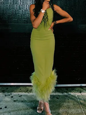 Green Sleeveless Maxi Spaghetti Strap Backless Bodycon Dress for Club Party