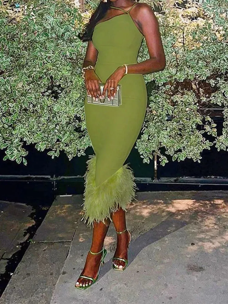 Green Sleeveless Maxi Spaghetti Strap Backless Bodycon Dress for Club Party