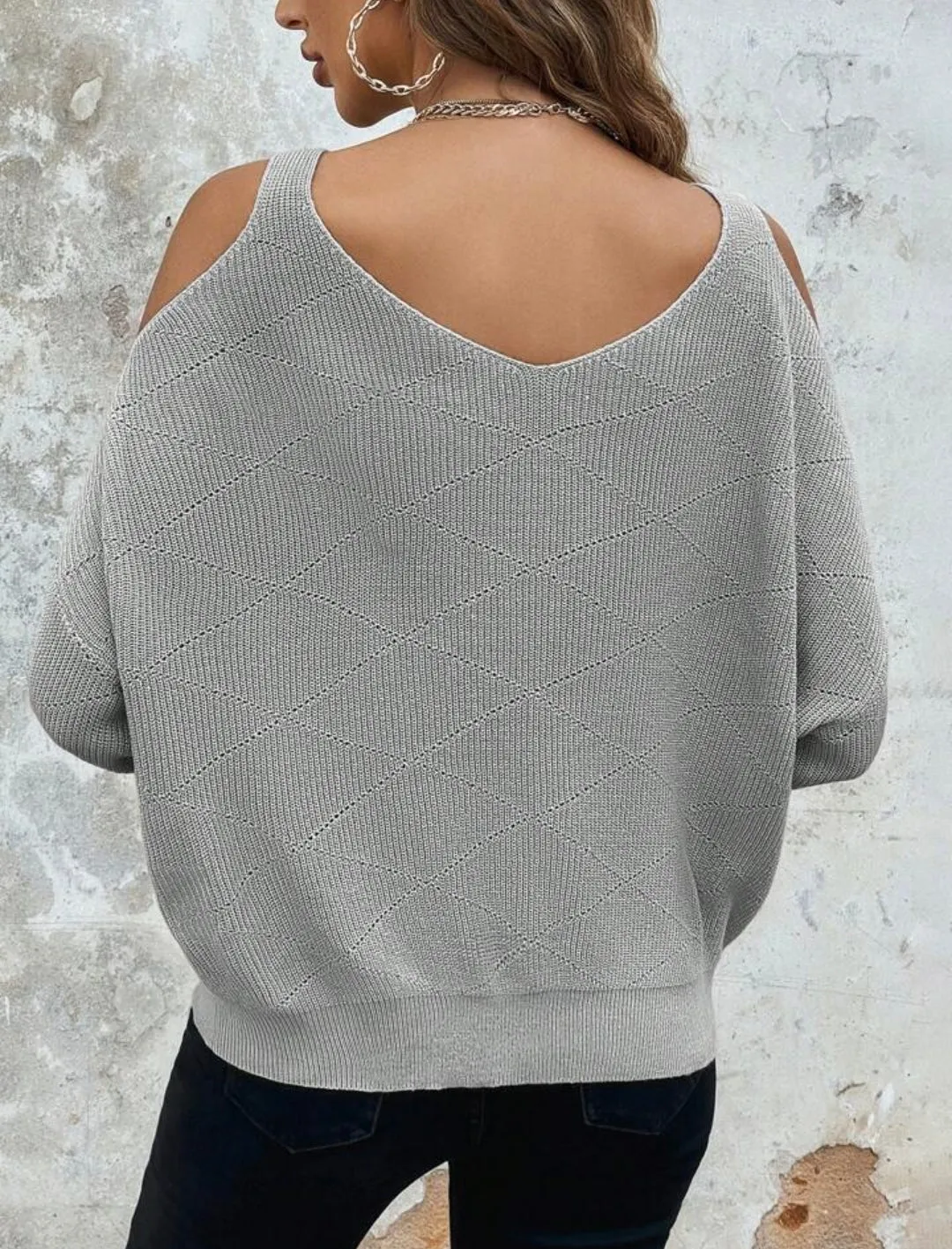 Grey Cold Shoulder Cut Out Twist Knit Sweater