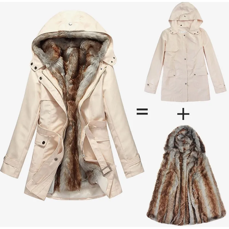 Hooded Faux Fur Liner Thicken Women's Winter Warm Coat