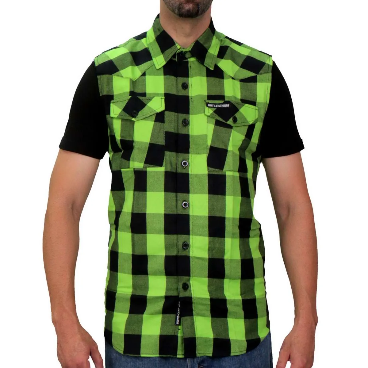 Hot Leathers FLM5002 Men’s Black and Green Sleeveless Cotton Flannel