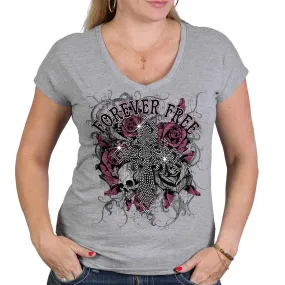 Hot Leathers GLC1557 Ladies Heather Gray Forever Free Cross Bling T-Shirt