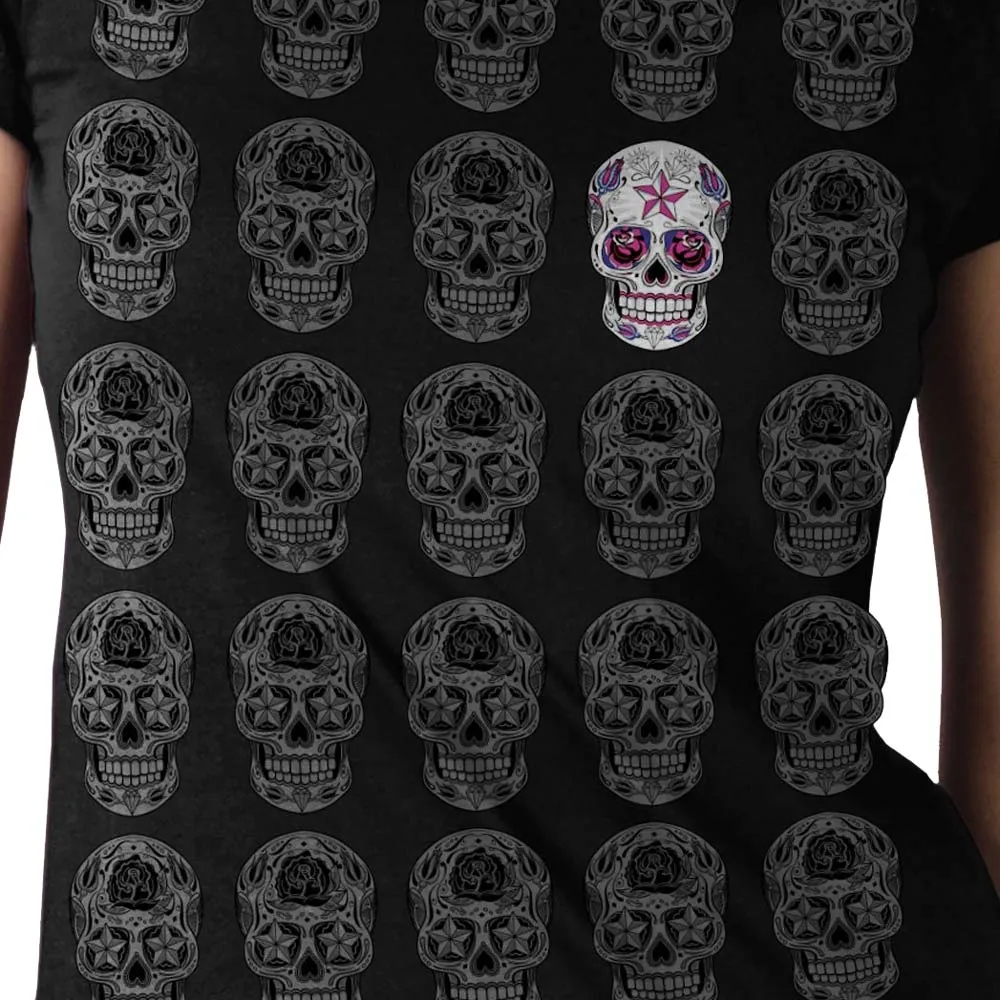 Hot Leathers GLR1519 Sugar Skull Pattern Ladies Full Cut Black T-Shirt