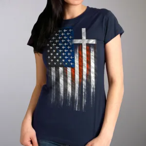 Hot Leathers GLR1520 American Flag Crosses Ladies Black T-Shirt