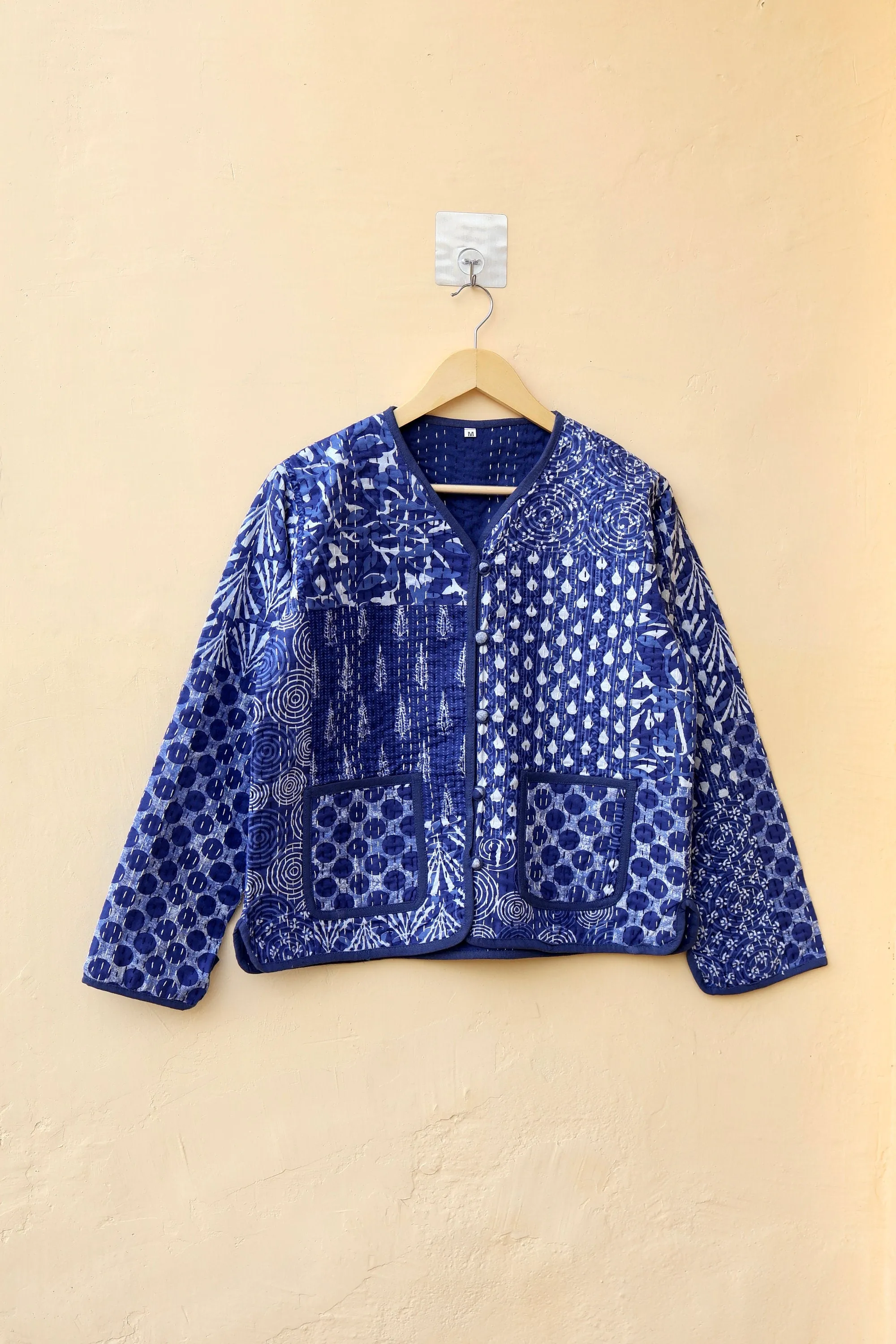 Indigo Patchwork Kantha Quilted Jacket, Indian Handmade Stylish Blue Patchwork Women's Coat, Winter Spring Reversible Kantha Jacket for Her